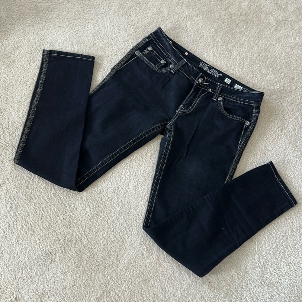 Rare Miss Me Black Skinny Jeans With Metallic Stitching Crystal Studs Sz 30